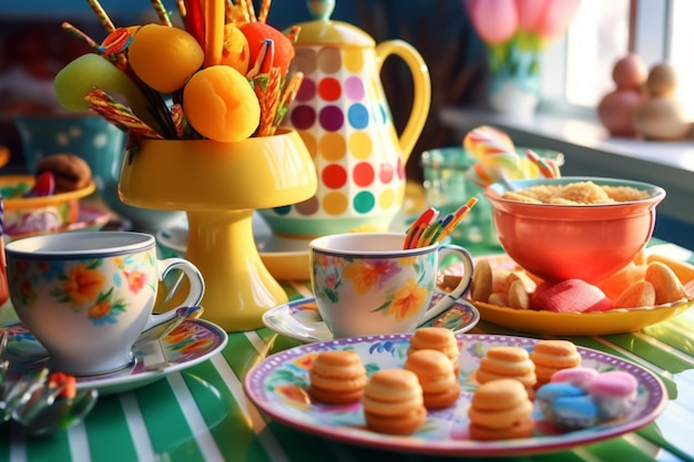 Un tavolo con un vaso, delle tazze e un vaso con sopra dei palloncini colorati.