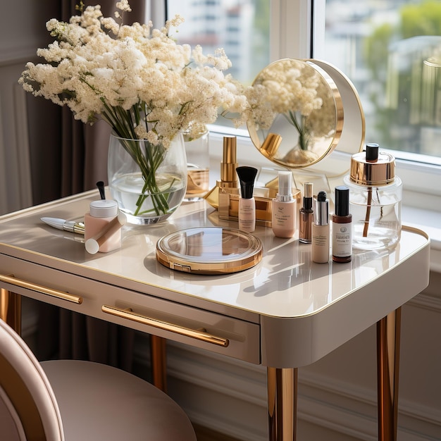 un tavolo con un vaso di fiori e uno specchio