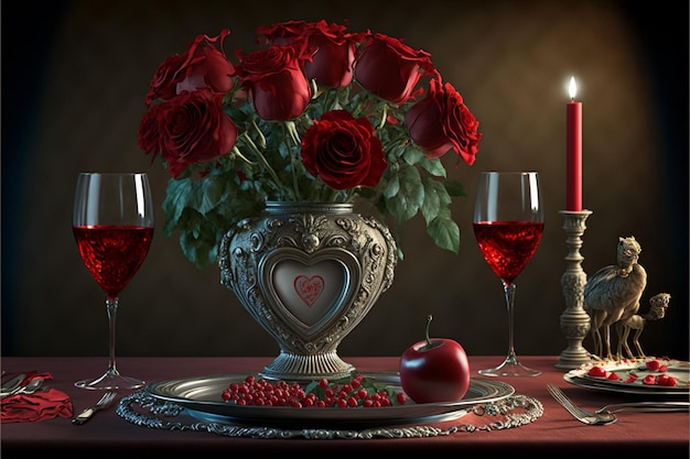 Un tavolo con un vaso di rose e un bicchiere da vino a forma di cuore.