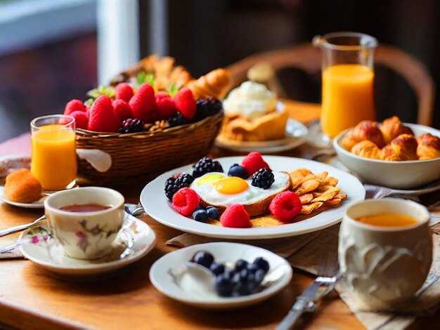 Un tavolo con una buona colazione