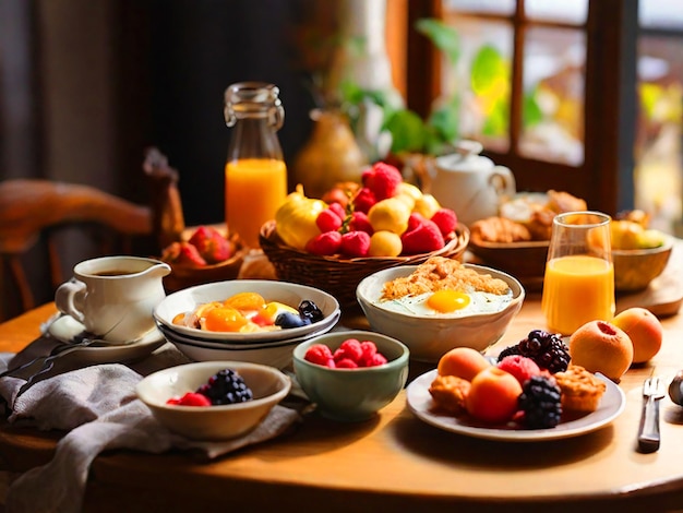 Un tavolo con una buona colazione