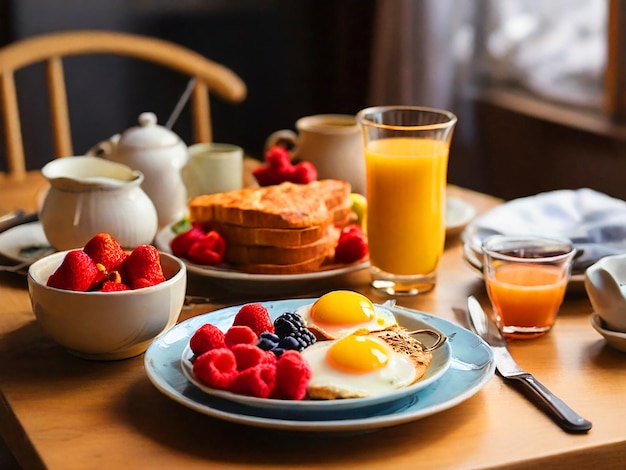 Un tavolo con una buona colazione