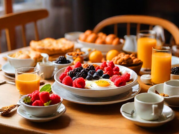 Un tavolo con una buona colazione