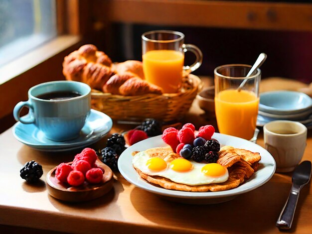 Un tavolo con una buona colazione