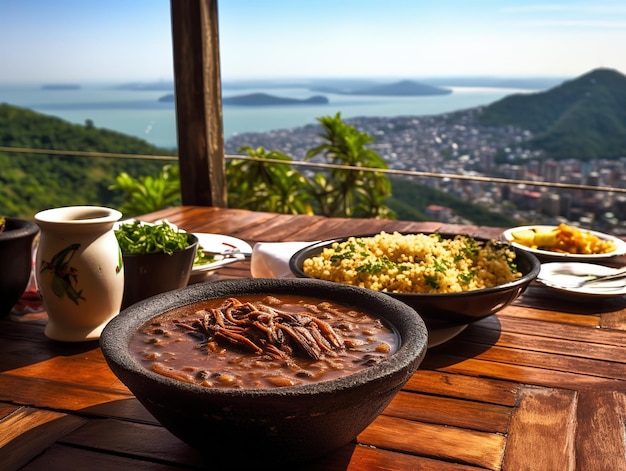 Un tavolo con una ciotola di cibo e una vista della città