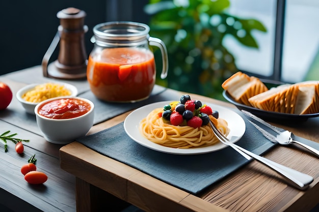 Un tavolo con una ciotola di spaghetti e un barattolo di salsa di pomodoro.