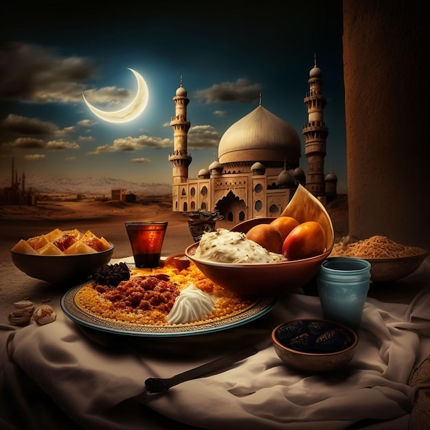 Un tavolo con una ciotola piena di cibo e una luna sullo sfondo.