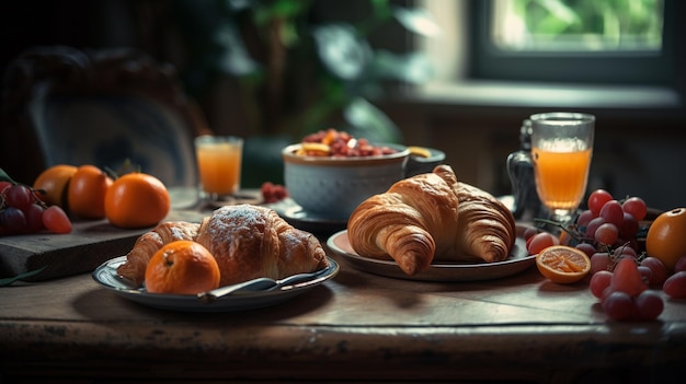 Un tavolo con una colazione apparecchiata per la colazione con una tazza di succo d'arancia e croissant.