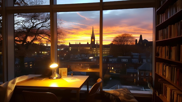 un tavolo con una lampada davanti a una finestra Finestra vista dalla finestra dell'università