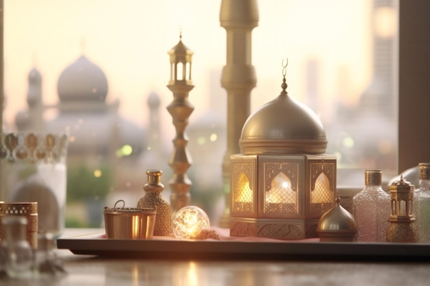 Un tavolo con una lampada e una lampada d'oro con sopra la scritta eid al fitr