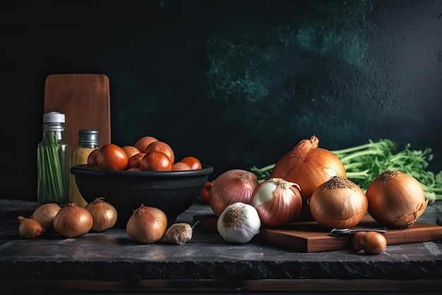 Un tavolo con una lavagna dietro gli ingredienti di una ricetta chiamata cipolla.