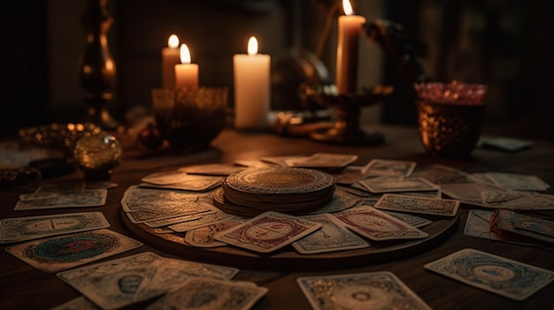 Un tavolo con una pila di carte e una candela sullo sfondo