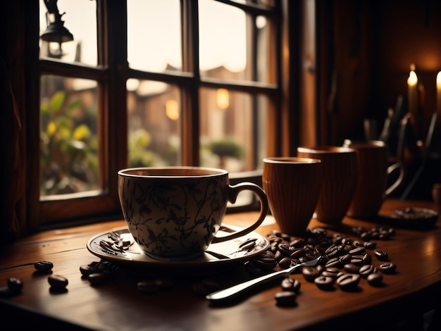 Un tavolo con una tazza di caffè e una finestra con sopra dei chicchi di caffè