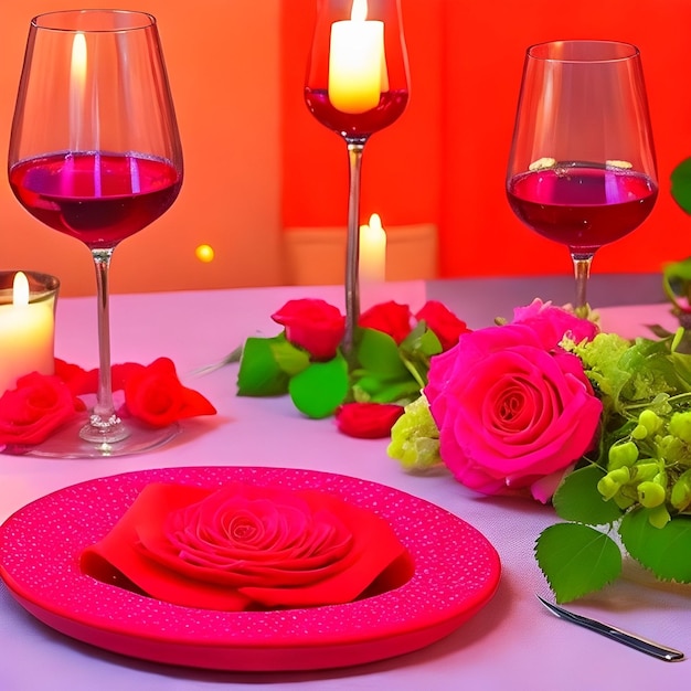 Un tavolo con una tovaglia rosa e bicchieri da vino con sopra delle rose.