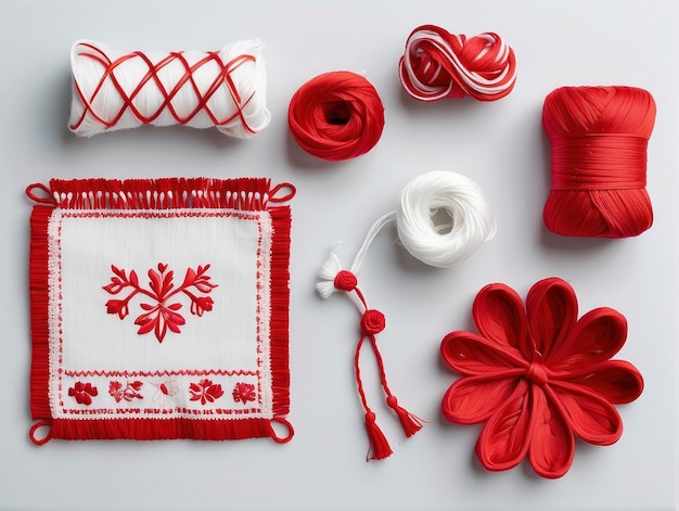 un tavolo con una tovaglia rossa e bianca un fiore rosso un filo rosso e un nastro rosso