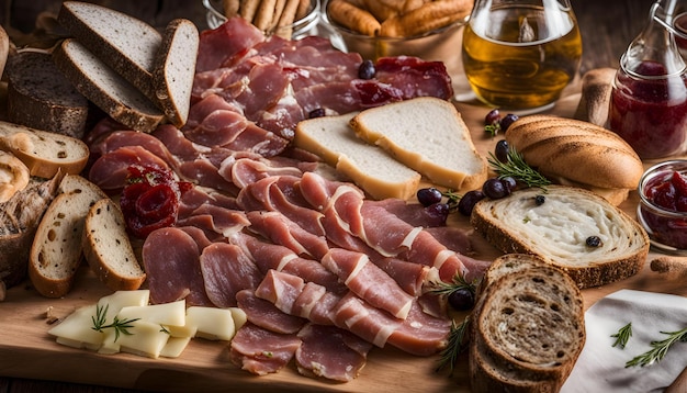 un tavolo con una varietà di cibi tra cui pane, formaggio e pane