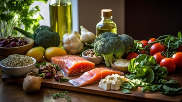 Un tavolo con una varietà di cibi tra cui salmone verdure e noci