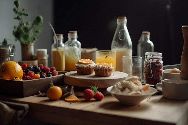 Un tavolo con una varietà di frutta e un bicchiere di latte.