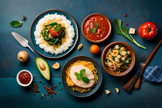 un tavolo con una varietà di piatti tra cui noodles, riso e verdure.