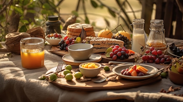 Un tavolo con una varietà di prodotti per la colazione tra cui frutta, latte e un bicchiere di succo d'arancia.