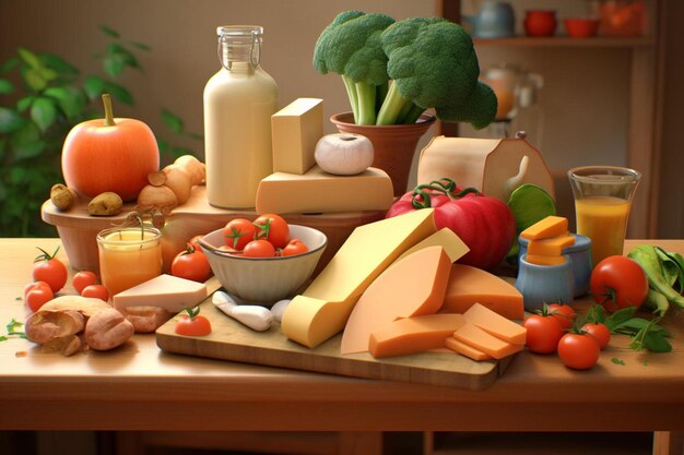 un tavolo con una varietà di verdure tra cui formaggio, broccoli, pomodori e formaggio.
