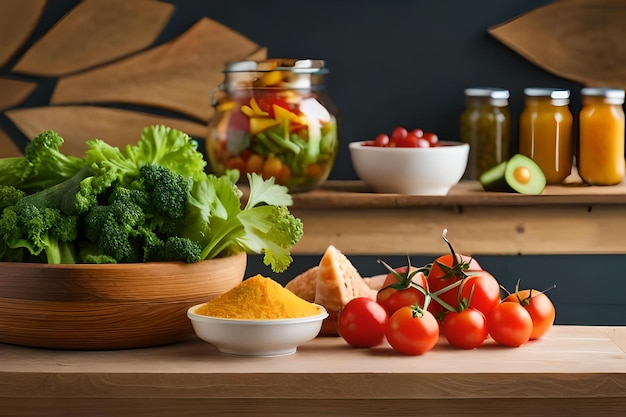 Un tavolo con verdure e un barattolo di insalata sopra