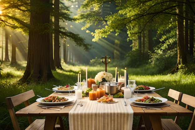 Un tavolo con vista sul sole che splende tra gli alberi