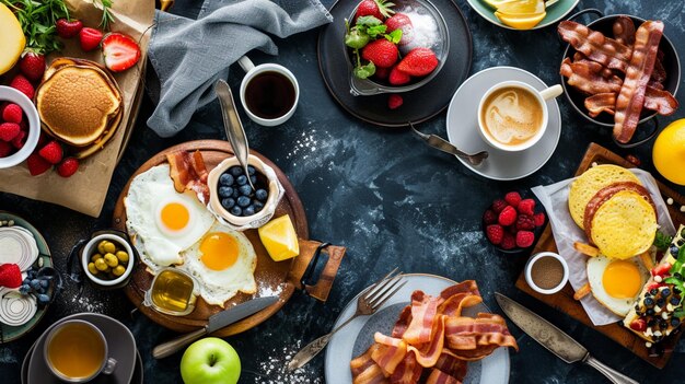 Un tavolo da brunch splendidamente sistemato con classici come le uova Benedict Generative Ai