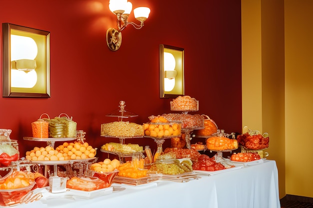 Un tavolo da buffet con una parete rossa e un buffet di frutta