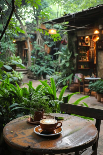 Un tavolo da caffè rustico sullo sfondo di un giardino lussureggiante che invita al relax