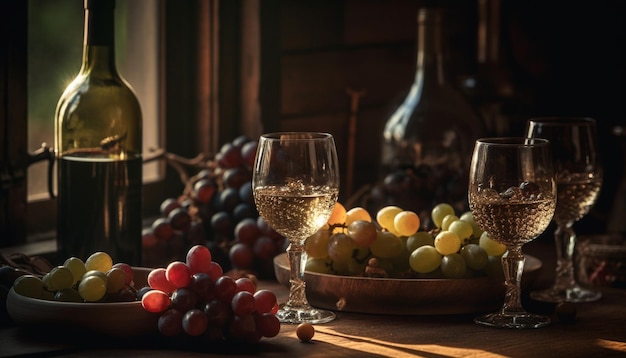 Un tavolo da cantina rustico con bicchieri di bottiglie di vino e uva generati da AI