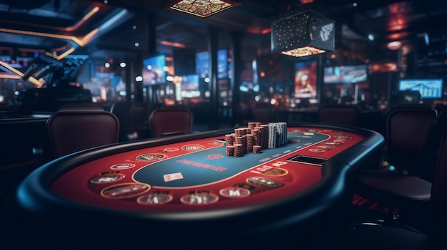 Un tavolo da casinò con una roulette rossa e la parola casinò sopra.