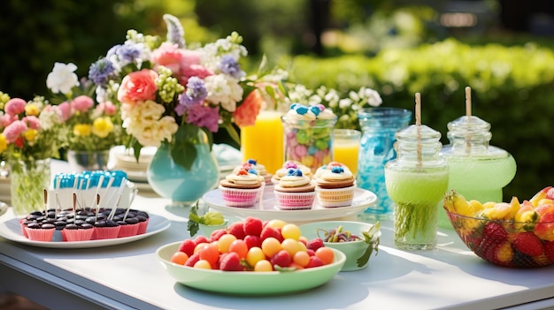 Un tavolo da festa in giardino pieno di dolcetti colorati