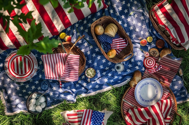 Un tavolo da picnic con bandiere americane e piatti di cibo