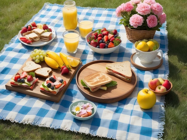 un tavolo da picnic con panini di frutta e succhi su di esso