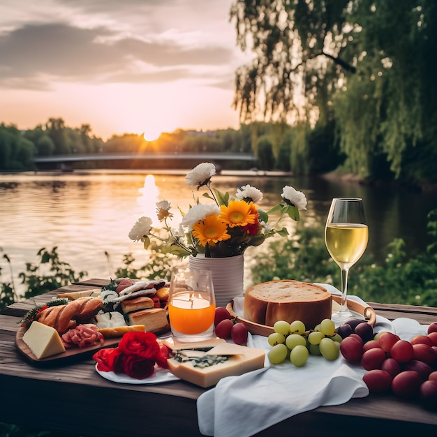 Un tavolo da picnic con sopra un bicchiere di vino e un bicchiere di vino.