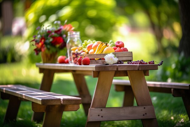 Un tavolo da picnic con sopra un cesto di frutta