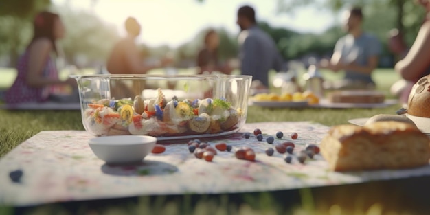 Un tavolo da picnic con sopra un piatto di frutta e una ciotola di frutta.