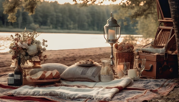 un tavolo da picnic con una lampada e un cesto di pane