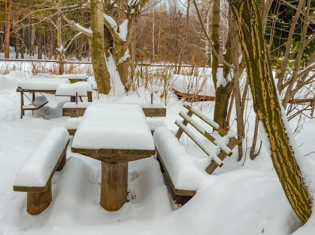 Un tavolo da picnic innevato con una panchina innevata nel bosco.