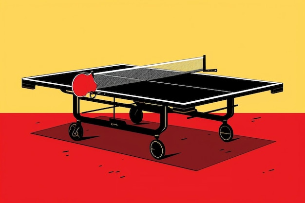Un tavolo da ping pong seduto sopra un tappeto rosso AI