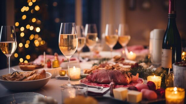 un tavolo da pranzo con cibo e vino di Natale nello stile di bokeh panorama