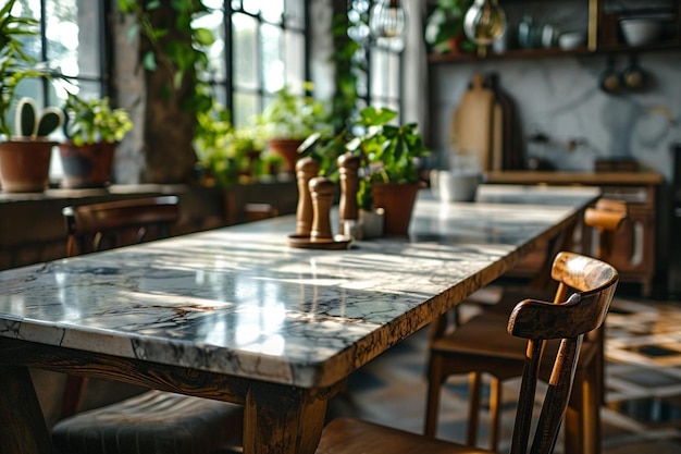 un tavolo da pranzo con piano in marmo e sedie in legno