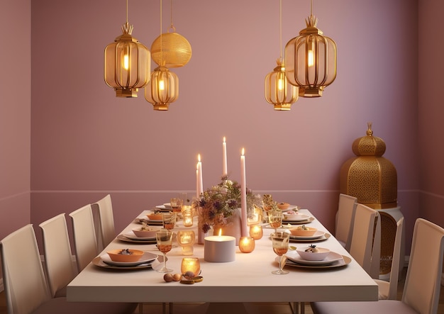 Un tavolo da pranzo minimalista decorato con lanterne Ramadan dorate
