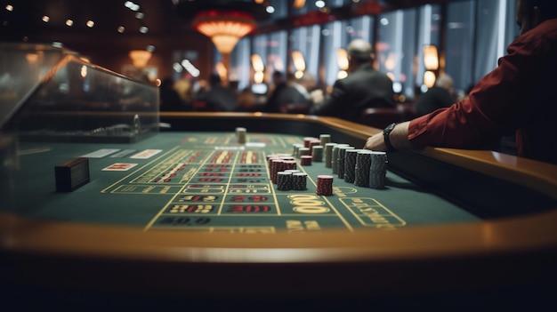 Un tavolo da roulette in un casinò con sopra delle fiches rosse e bianche.