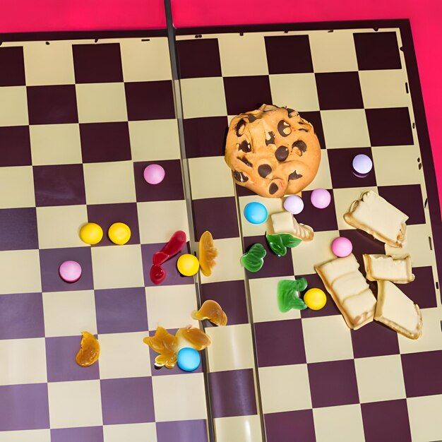 Un tavolo da scacchi con pezzi di biscotti e caramelle