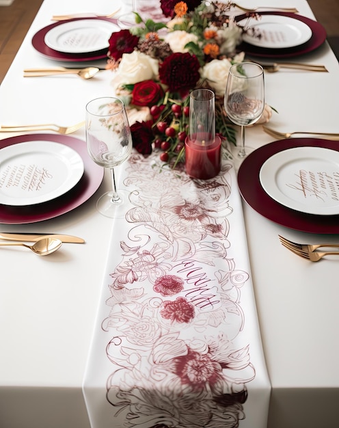 un tavolo da sposa con fiori rossi e bianchi, piatti d'oro e tovaglioli di bordeaux sul tavolo