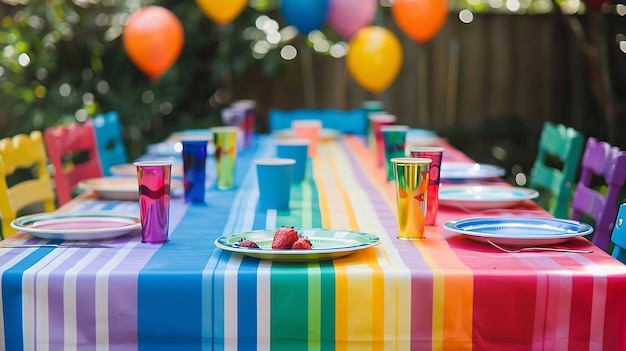 Un tavolo dai colori vivaci con tazze e piatti di plastica in un arcobaleno di colori