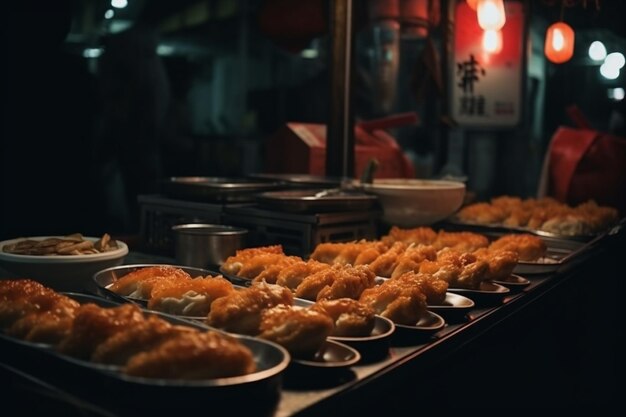 Un tavolo di cibo con un cartello che dice "cibo cinese".