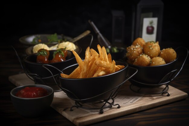 Un tavolo di cibo tra cui patatine fritte e una bottiglia di vino